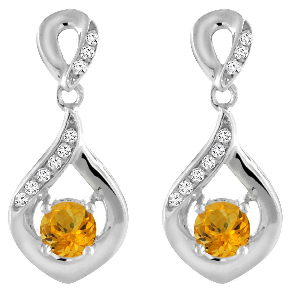 14K WHITE GOLD NATURAL CITRINE EARRINGS WITH DIAMOND ACCENTS ROUND 4 MM