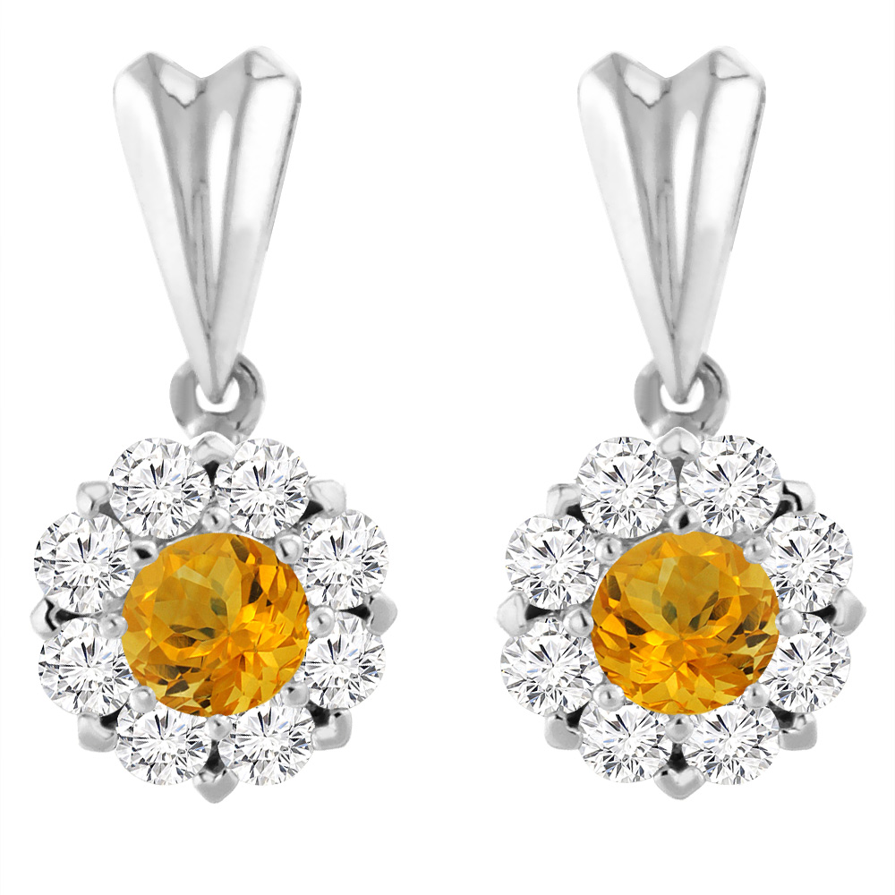 14K WHITE GOLD NATURAL CITRINE EARRINGS WITH DIAMOND HALO ROUND 4 MM
