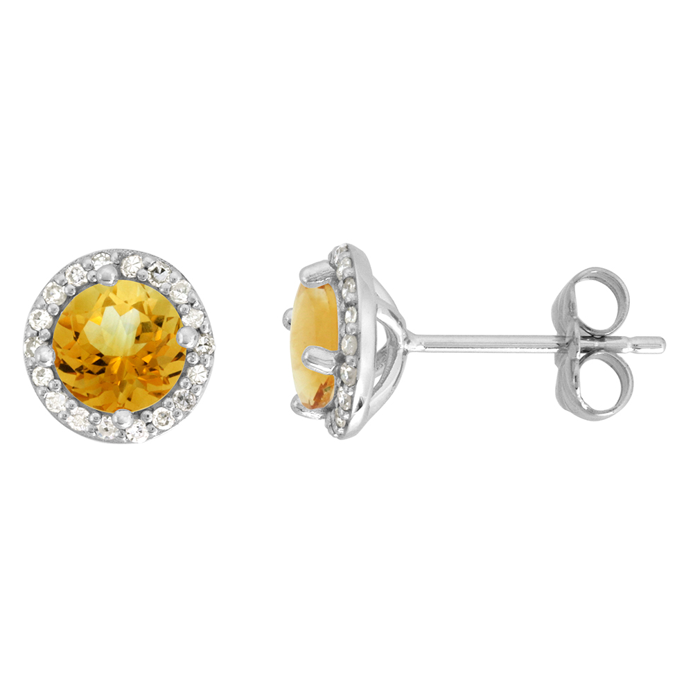 14k White Gold Diamond Halo Genuine Citrine Stud Earrings Round 6mm