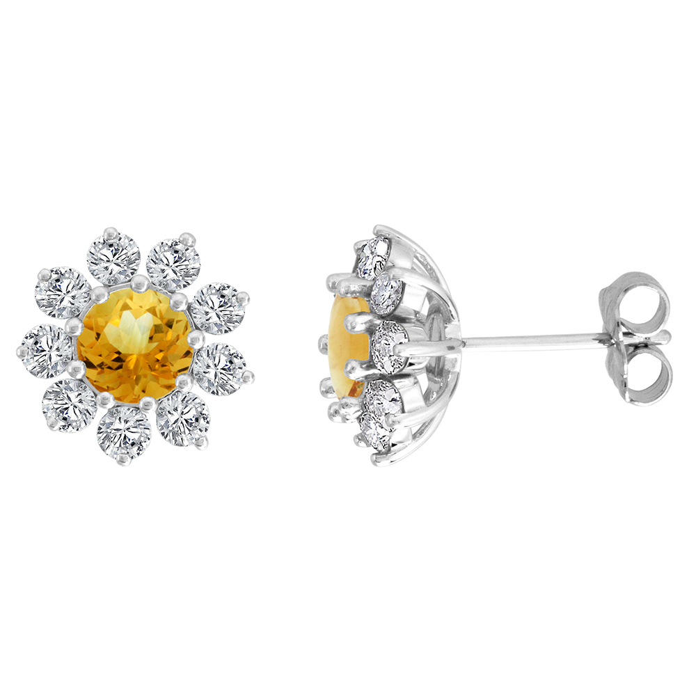 14k White Gold Diamond Halo Genuine Citrine Halo Stud Earrings Round 6mm 7/16 inch wide