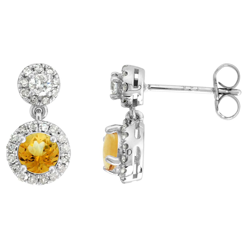 14k White Gold Diamond Halo Genuine Citrine Drop Earrings Round Brilliant cut 5mm 1/2 inch long