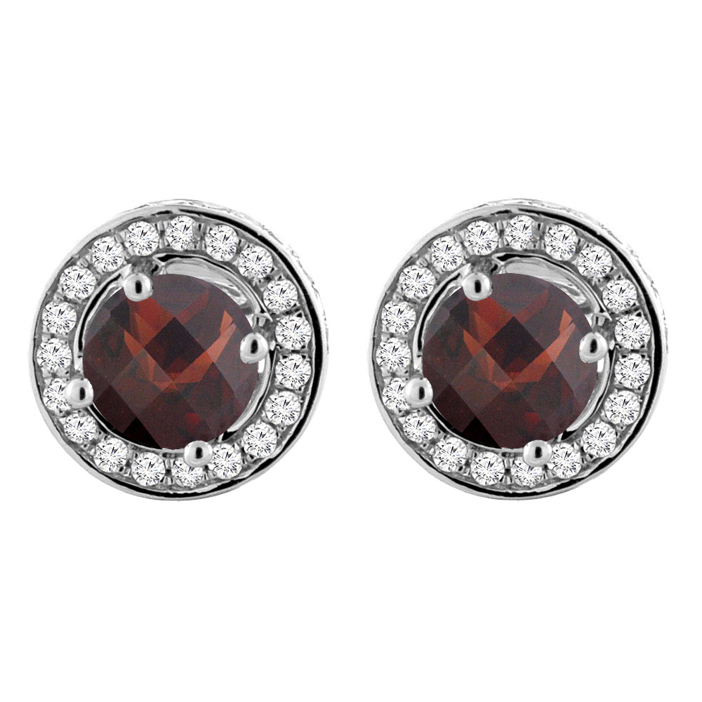 14K WHITE GOLD NATURAL GARNET EARRINGS WITH DIAMOND HALO ROUND 5 MM