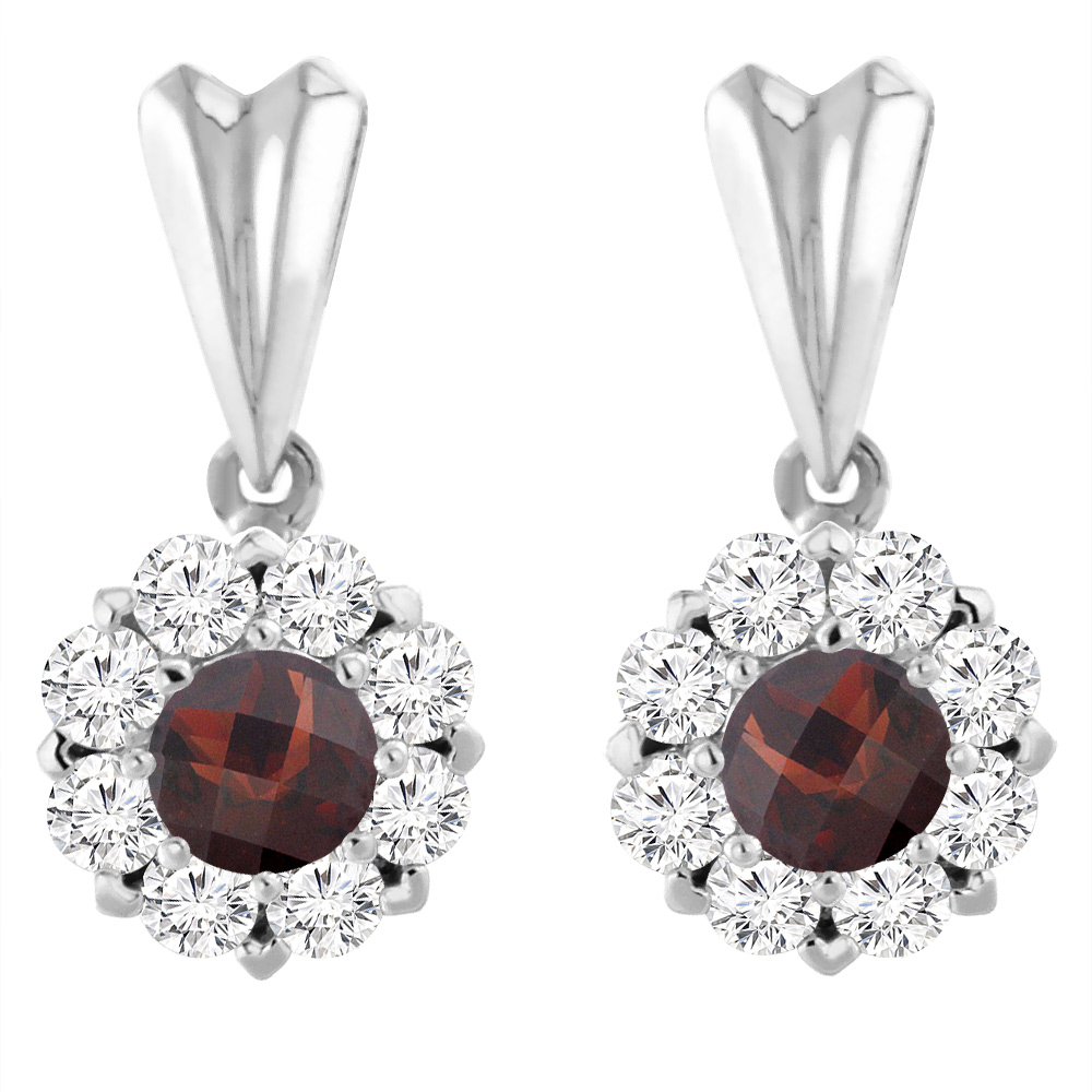 14K WHITE GOLD NATURAL GARNET EARRINGS WITH DIAMOND HALO ROUND 4 MM