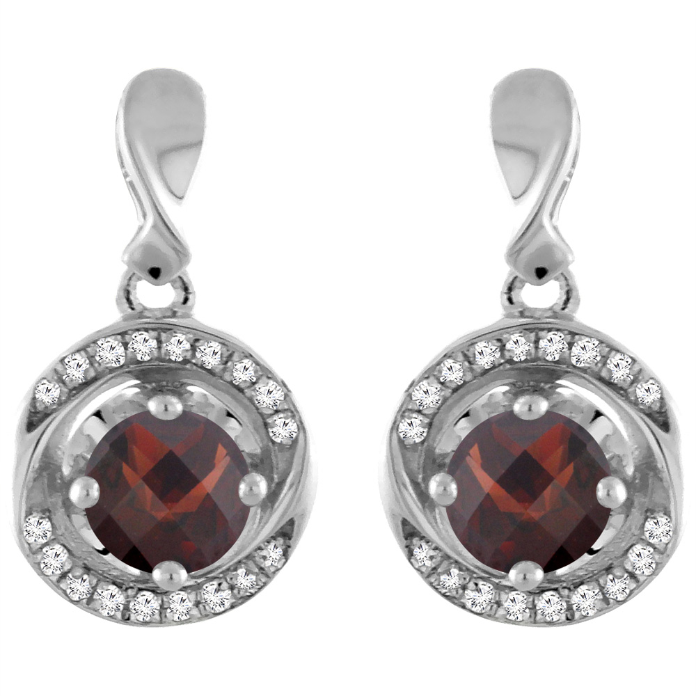 14K WHITE GOLD NATURAL GARNET EARRINGS WITH DIAMOND ACCENTS ROUND 4 MM