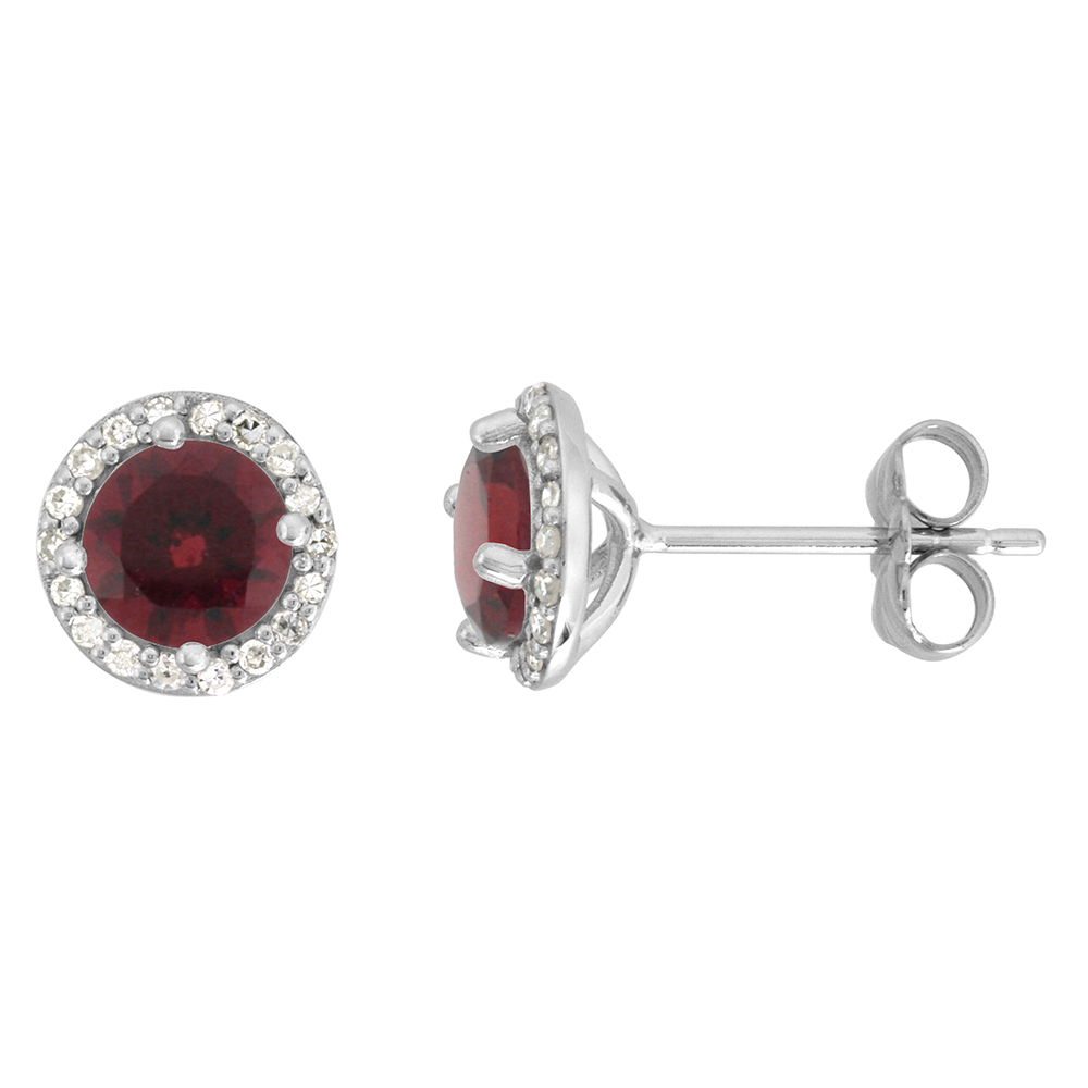 14K WHITE GOLD DIAMOND HALO GENUINE GARNET STUD EARRINGS ROUND 6MM