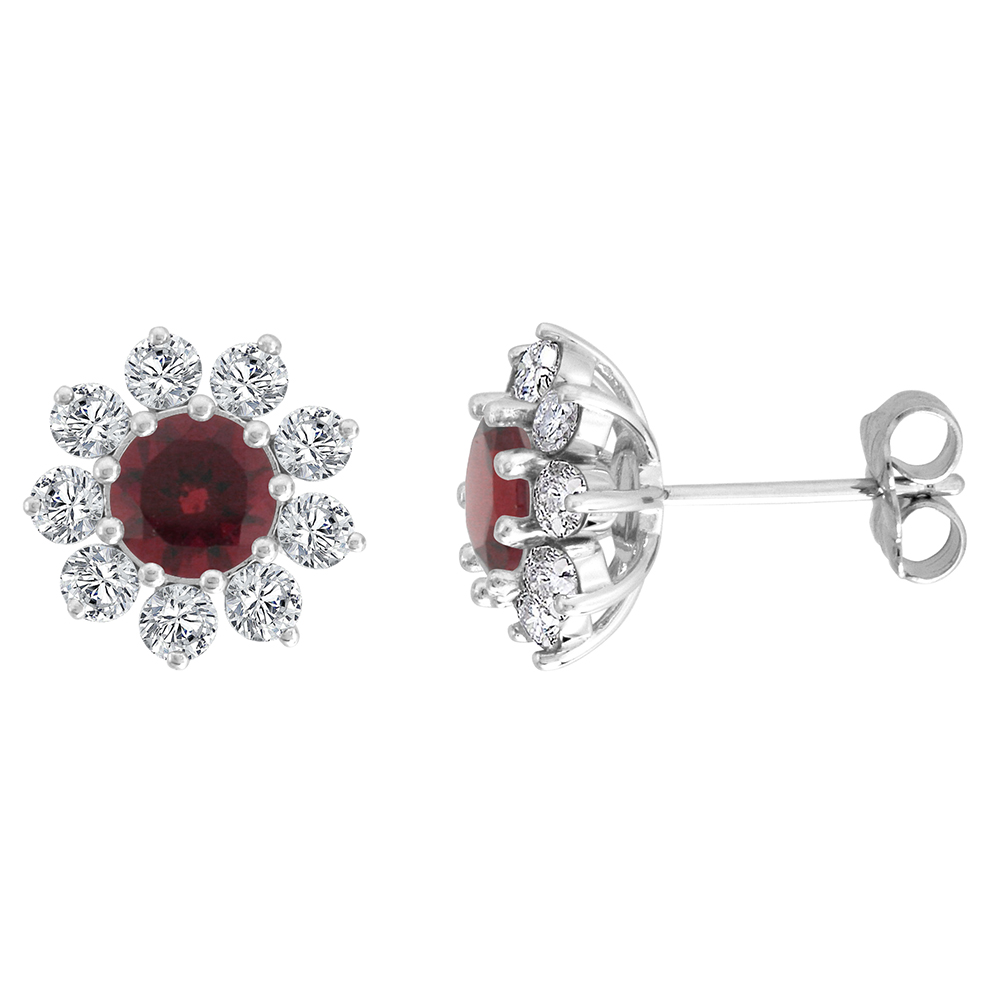 14k White Gold Diamond Halo Genuine Garnet Halo Stud Earrings Round 6mm 7/16 inch wide