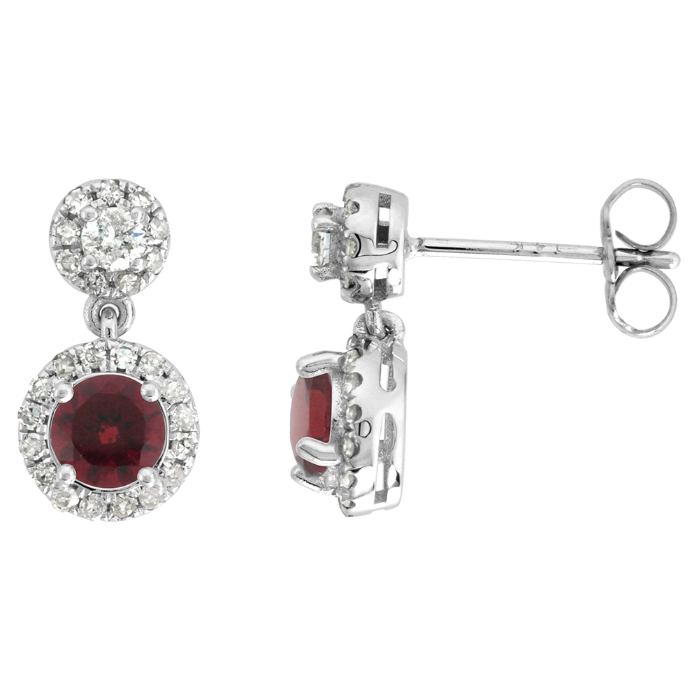 14k White Gold Diamond Halo Genuine Garnet Drop Earrings Round Brilliant cut 5mm 1/2 inch long