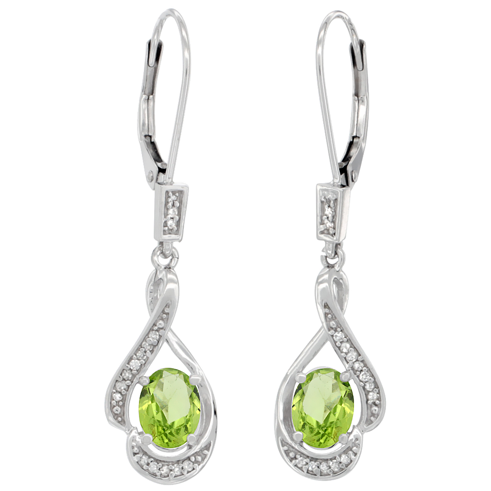 14K WHITE GOLD DIAMOND NATURAL PERIDOT LEVERBACK EARRINGS OVAL 7X5 MM, 1 7/16 INCH LONG