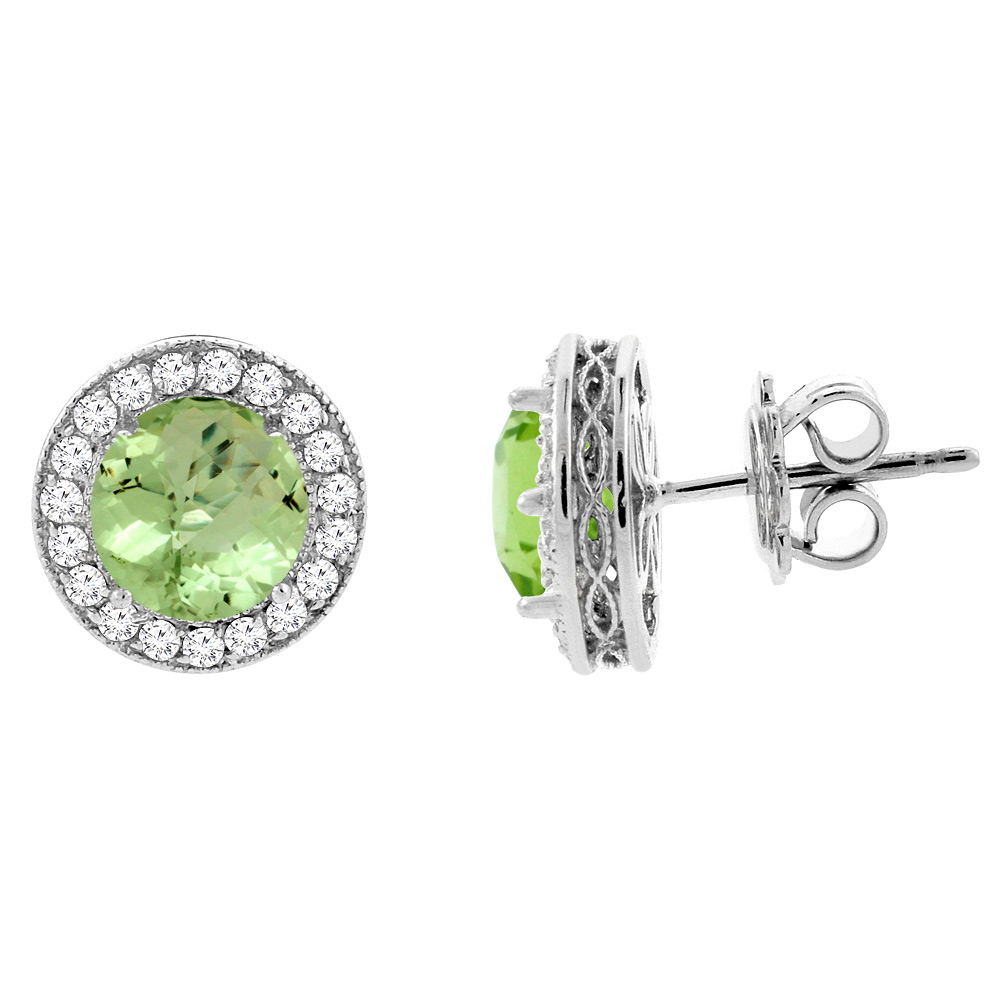 14k White Gold Diamond Halo Genuine Peridot Earrings 0.6 cttw 6mm Round, 1/2 inch