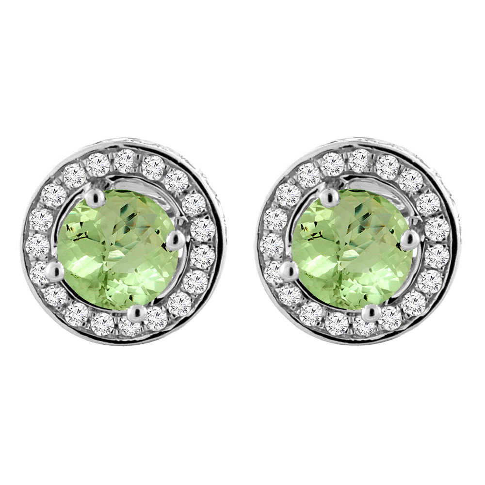 14K WHITE GOLD NATURAL PERIDOT EARRINGS WITH DIAMOND HALO ROUND 5 MM