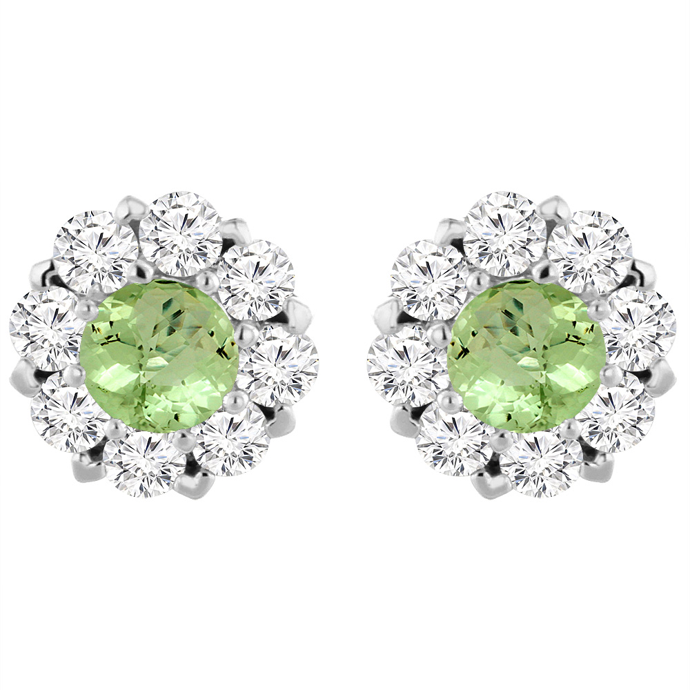 14K WHITE GOLD NATURAL PERIDOT EARRINGS WITH DIAMOND HALO ROUND 6 MM