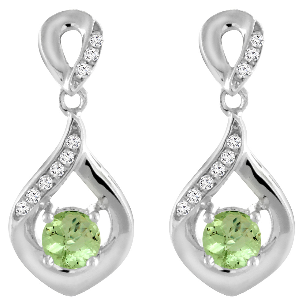 14K WHITE GOLD NATURAL PERIDOT EARRINGS WITH DIAMOND ACCENTS ROUND 4 MM