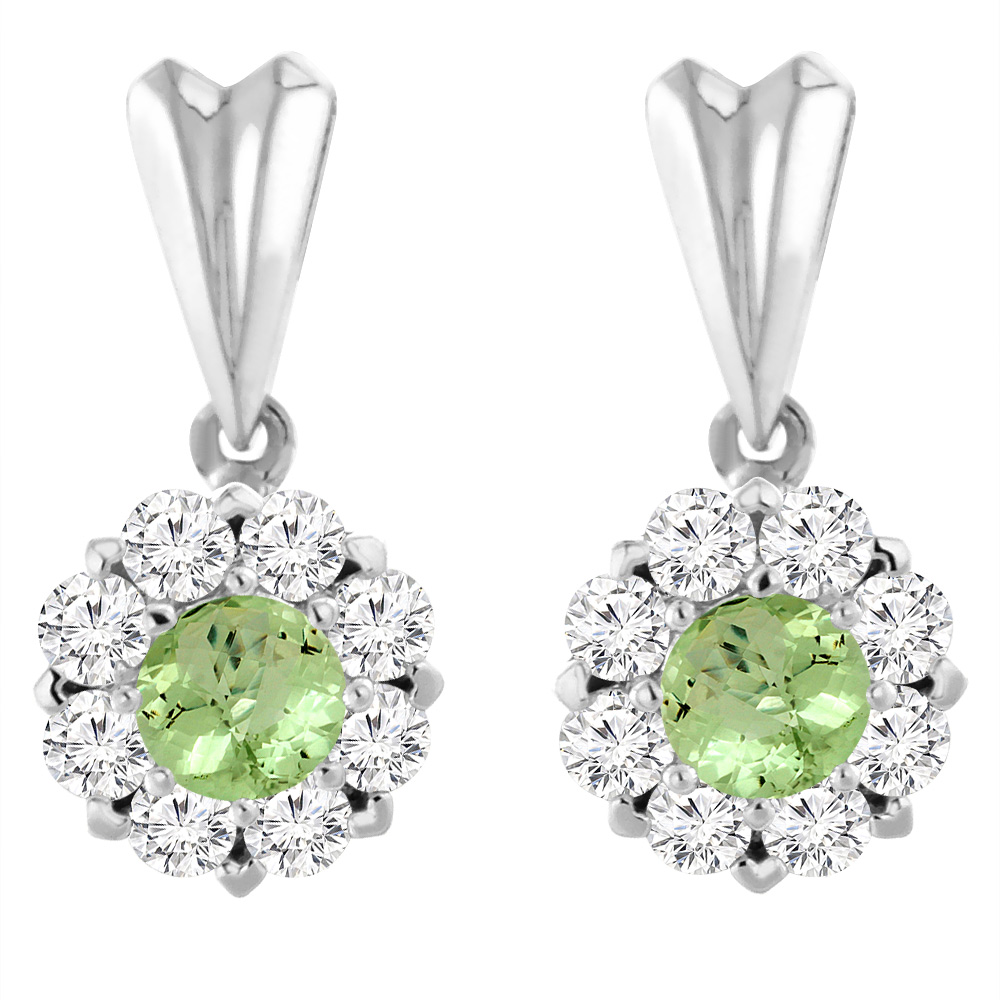 14K WHITE GOLD NATURAL PERIDOT EARRINGS WITH DIAMOND HALO ROUND 4 MM