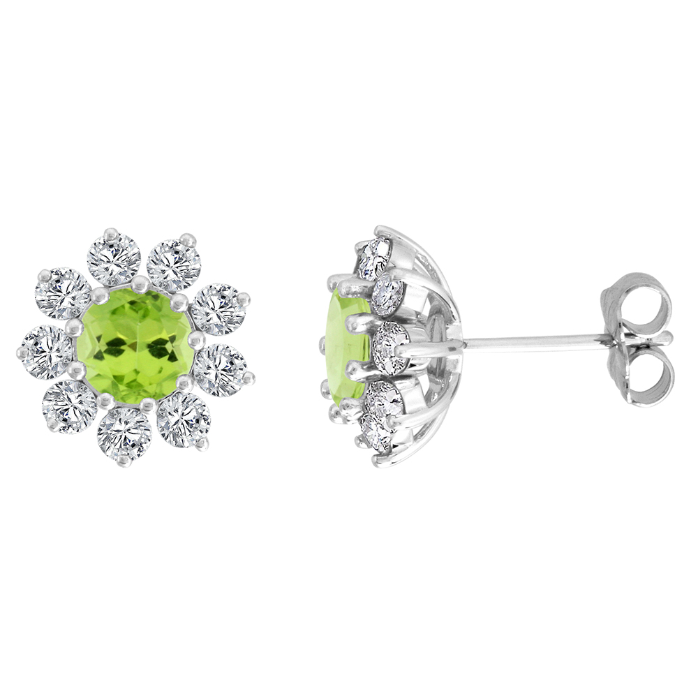 14K WHITE GOLD DIAMOND HALO GENUINE PERIDOT HALO STUD EARRINGS ROUND 6MM 7/16 INCH WIDE