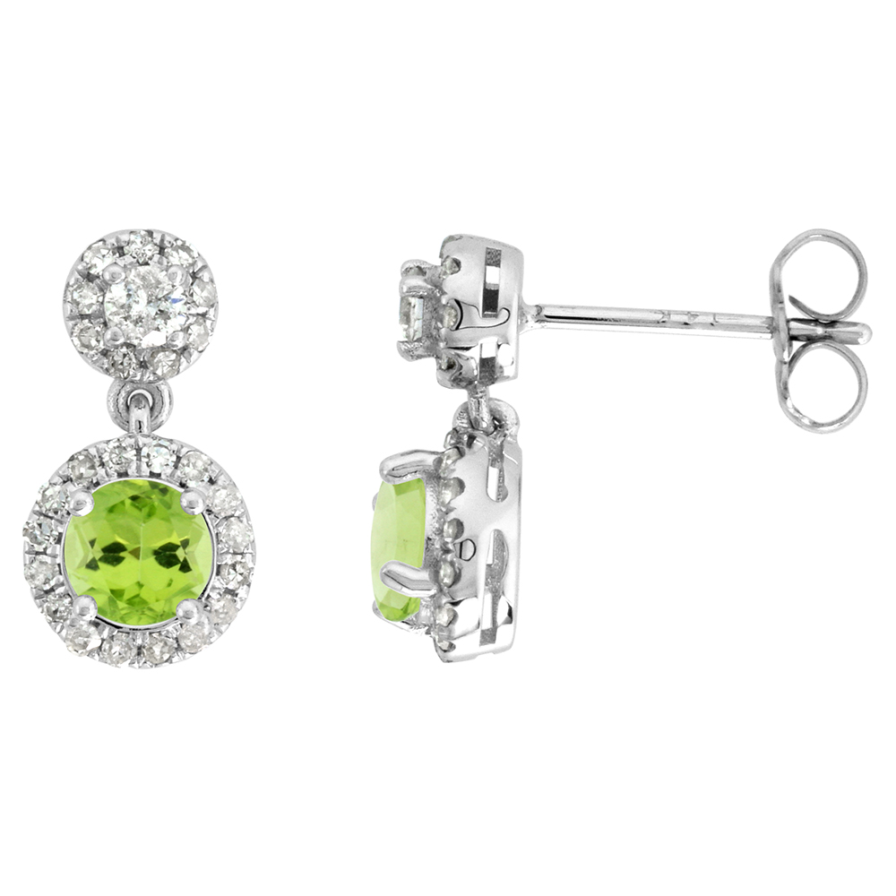 14k White Gold Diamond Halo Genuine Peridot Drop Earrings Round Brilliant cut 5mm 1/2 inch long