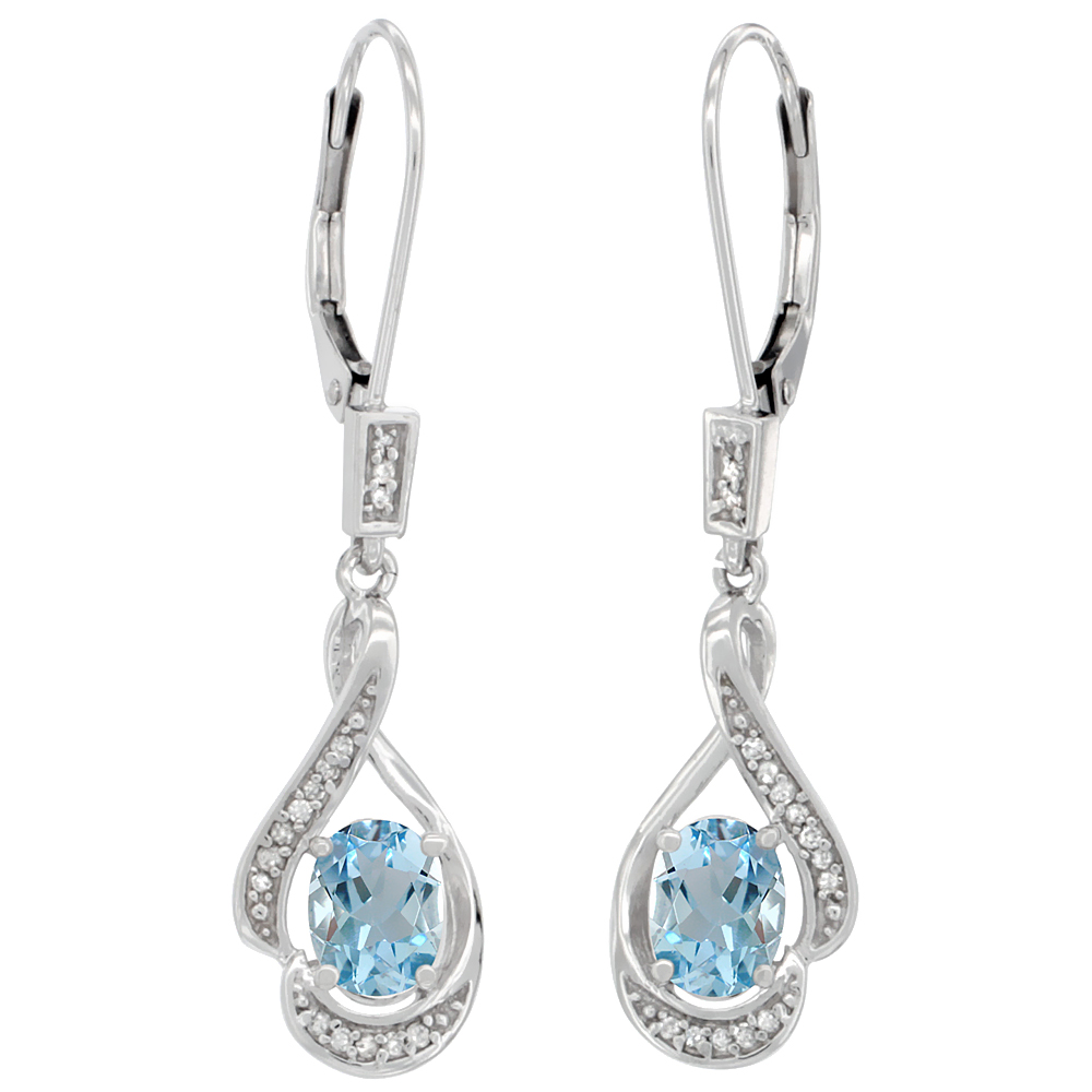 14K White Gold Diamond Natural Aquamarine Leverback Earrings Oval 7x5 mm, 1 7/16 inch long