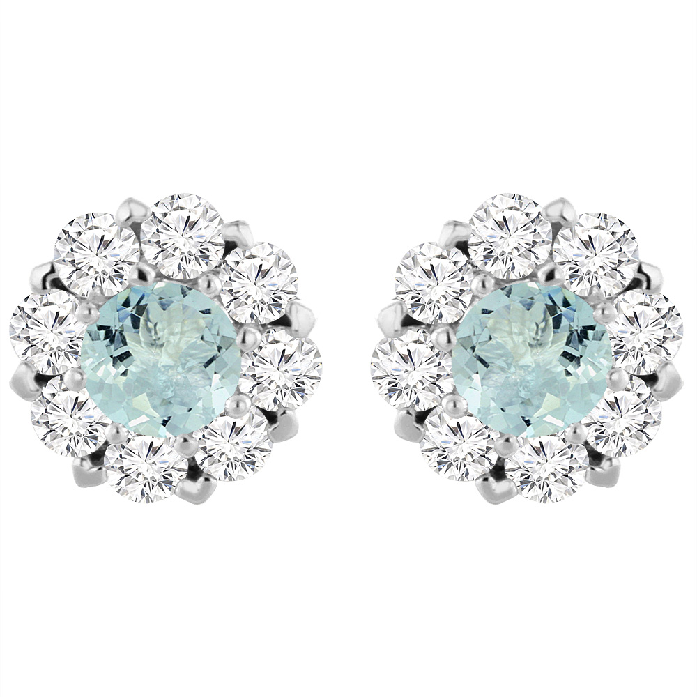 14K WHITE GOLD NATURAL AQUAMARINE EARRINGS WITH DIAMOND HALO ROUND 6 MM