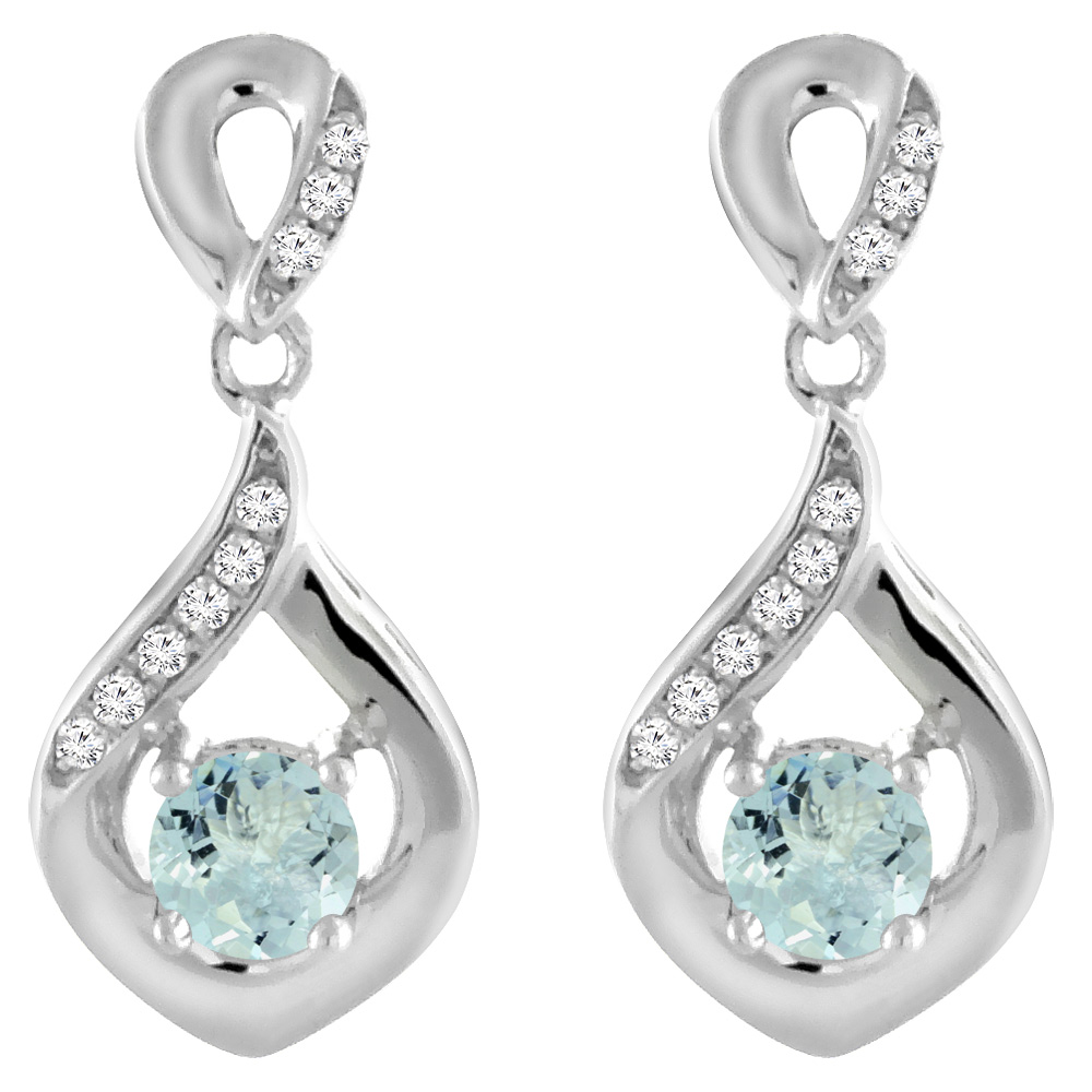 14K WHITE GOLD NATURAL AQUAMARINE EARRINGS WITH DIAMOND ACCENTS ROUND 4 MM