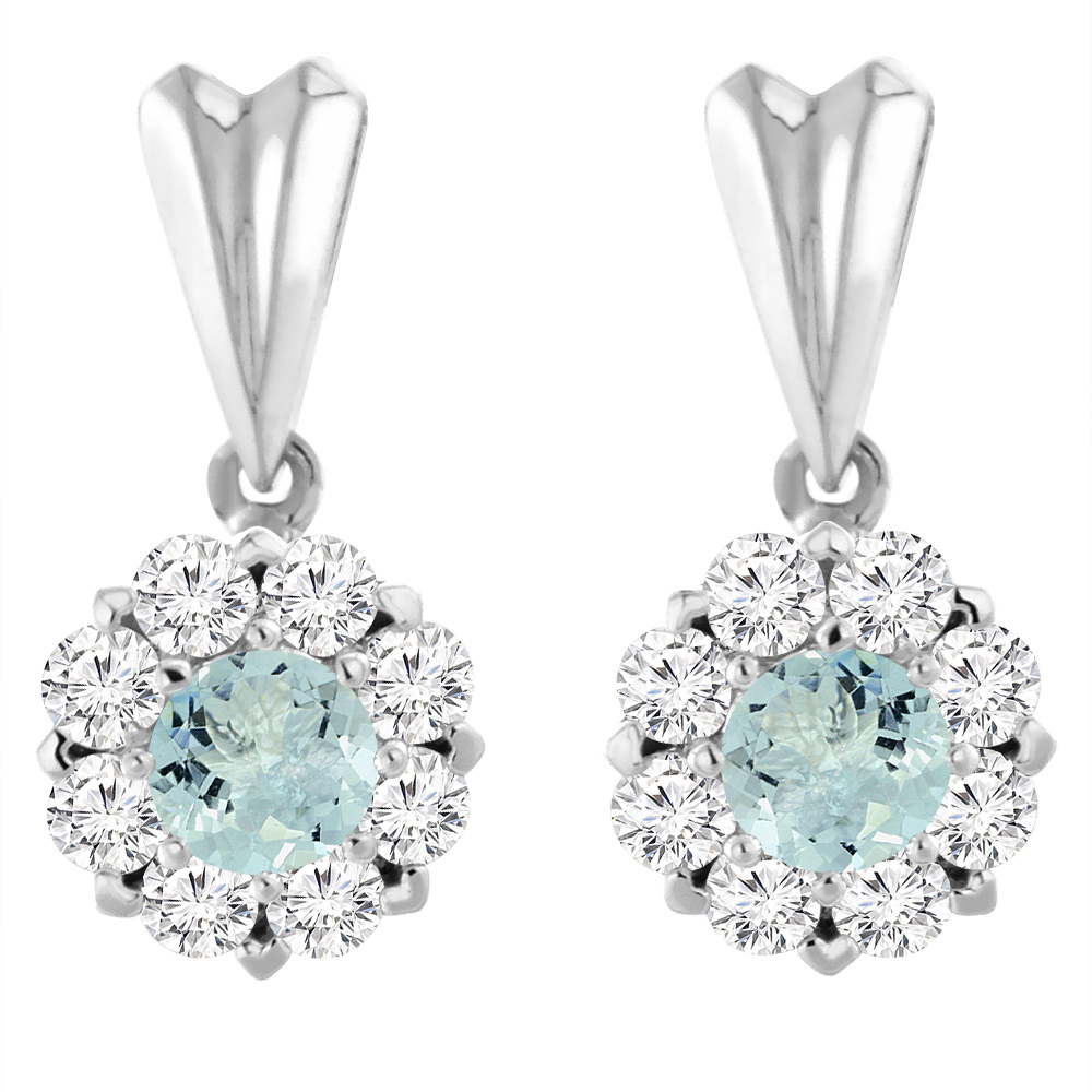 14K White Gold Natural Aquamarine Earrings with Diamond Halo Round 4 mm