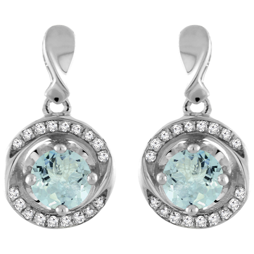 14K White Gold Natural Aquamarine Earrings with Diamond Accents Round 4 mm