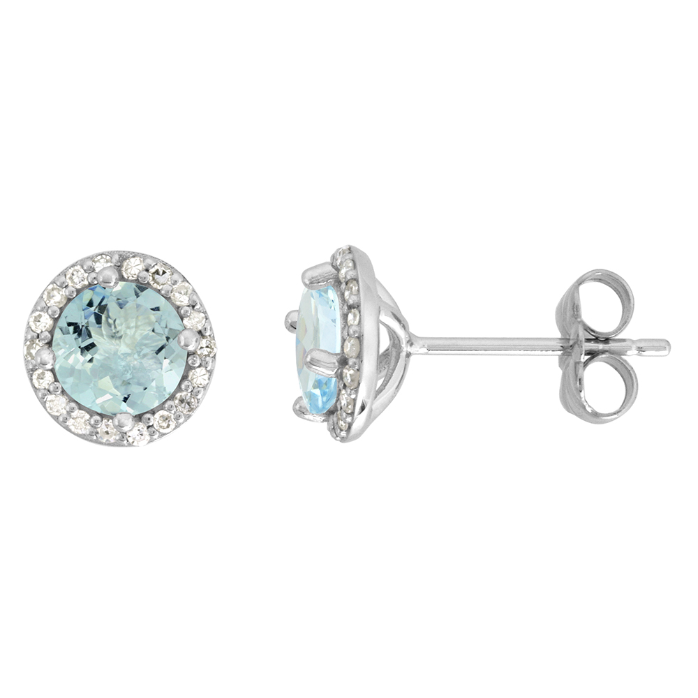 14K WHITE GOLD DIAMOND HALO GENUINE AQUAMARINE STUD EARRINGS ROUND 6MM