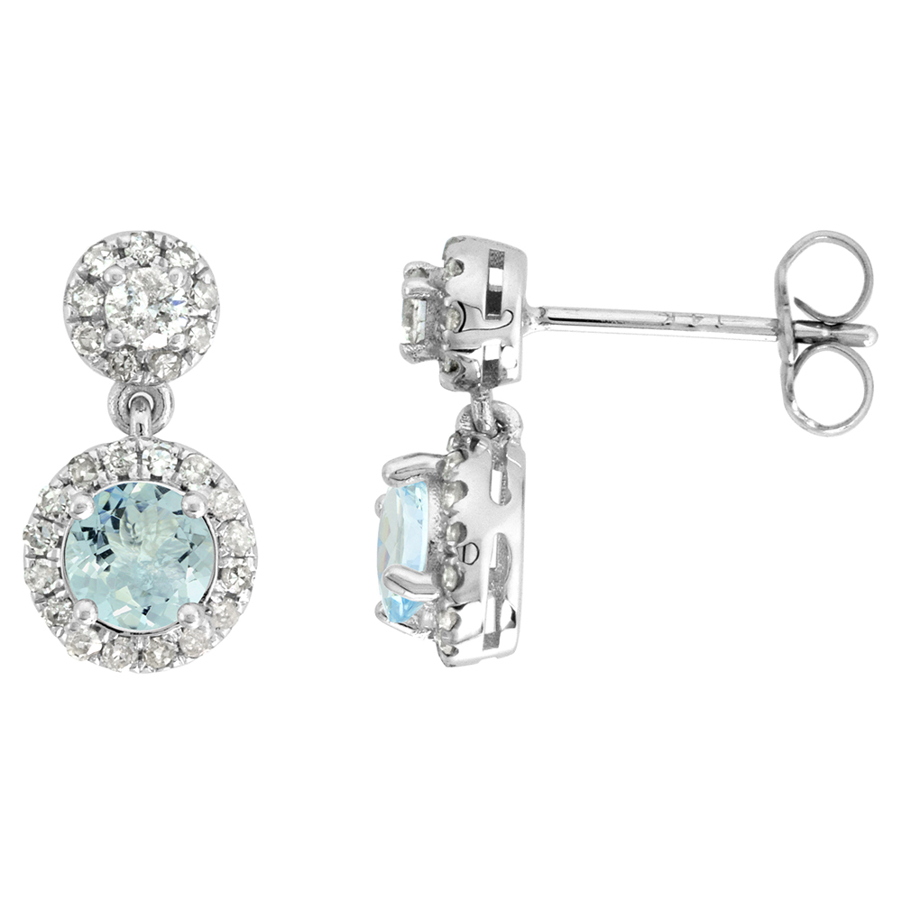 14k White Gold Diamond Halo Genuine Aquamarine Drop Earrings Round Brilliant cut 5mm 1/2 inch long