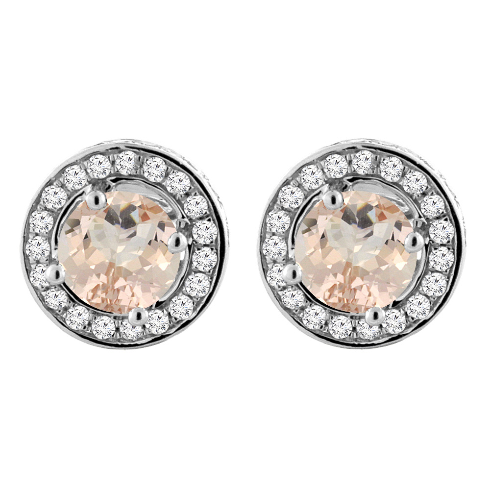14K WHITE GOLD NATURAL MORGANITE EARRINGS WITH DIAMOND HALO ROUND 5 MM