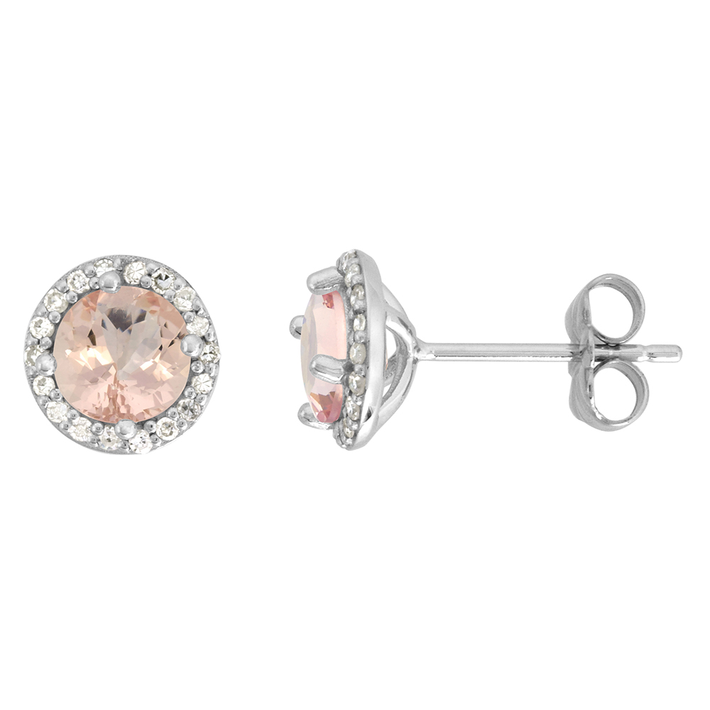 14K WHITE GOLD DIAMOND HALO GENUINE MORGANITE STUD EARRINGS ROUND 6MM