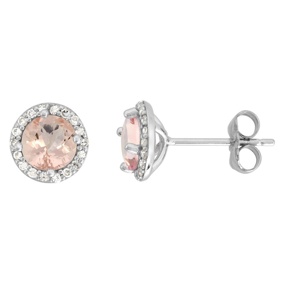 14k White Gold Diamond Halo Genuine Morganite Stud Earrings Round 6mm