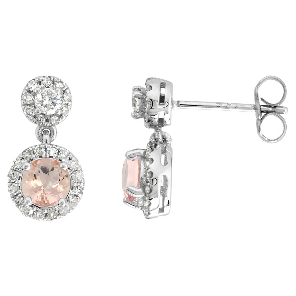 14K WHITE GOLD DIAMOND HALO GENUINE MORGANITE DROP EARRINGS ROUND BRILLIANT CUT 5MM 1/2 INCH LONG