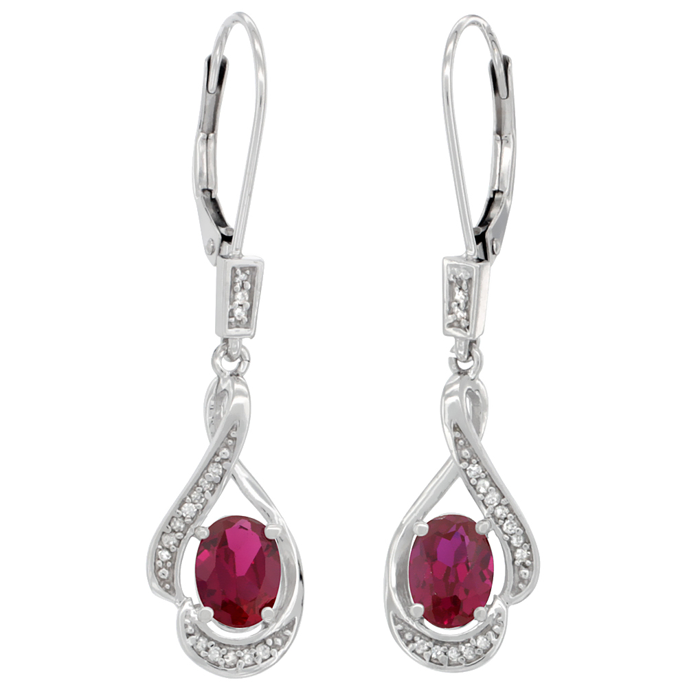 14K WHITE GOLD DIAMOND ENHANCED GENUINE RUBY LEVERBACK EARRINGS OVAL 7X5 MM, 1 7/16 INCH LONG