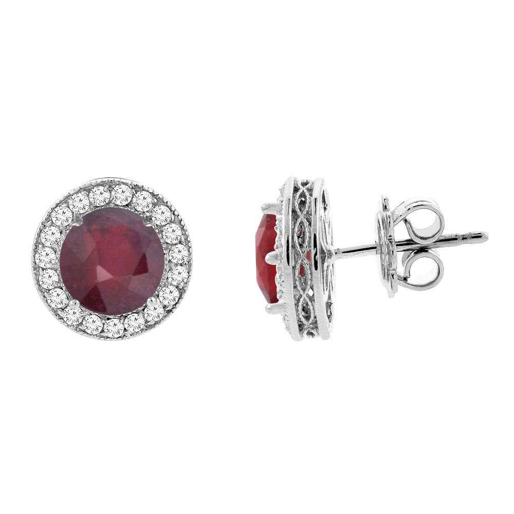 14K WHITE GOLD ENHANCED RUBY HALO EARRINGS WITH DIAMOND ACCENT, 3/16 INCH WIDE
