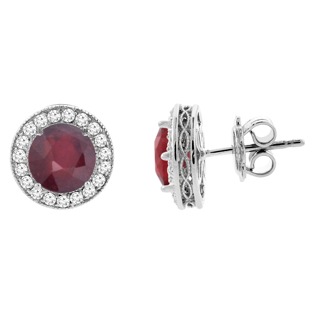 14K WHITE GOLD DIAMOND HALO ENHANCED GENUINE RUBY EARRINGS 0.6 CTTW 6MM ROUND, 1/2 INCH
