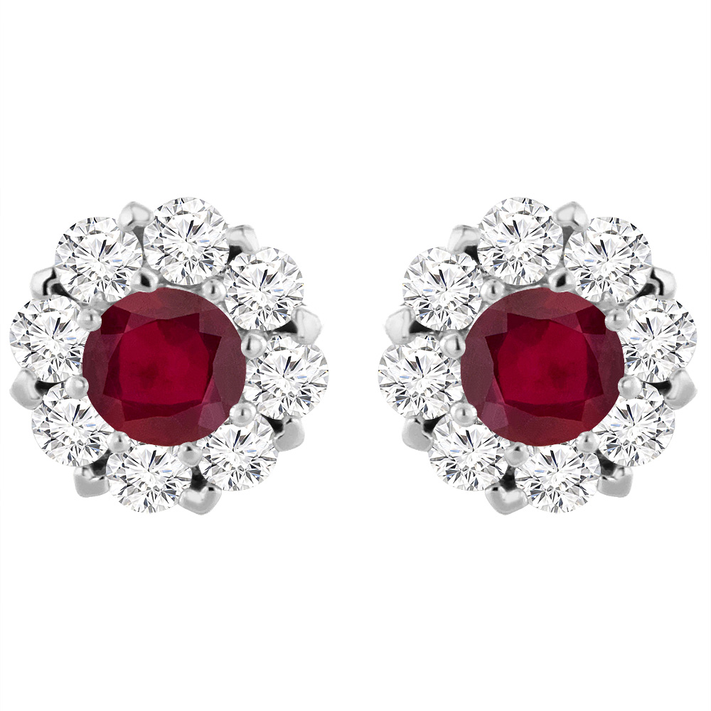 14K WHITE GOLD ENHANCED GENUINE RUBY EARRINGS WITH DIAMOND HALO ROUND 6 MM