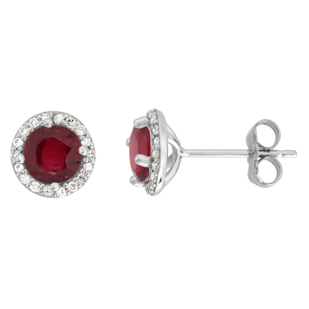 14k White Gold Diamond Halo Enhanced Genuine Ruby Stud Earrings Round 6mm