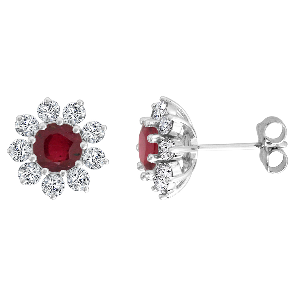 14K WHITE GOLD DIAMOND HALO ENHANCED GENUINE RUBY HALO STUD EARRINGS ROUND 6MM 7/16 INCH WIDE