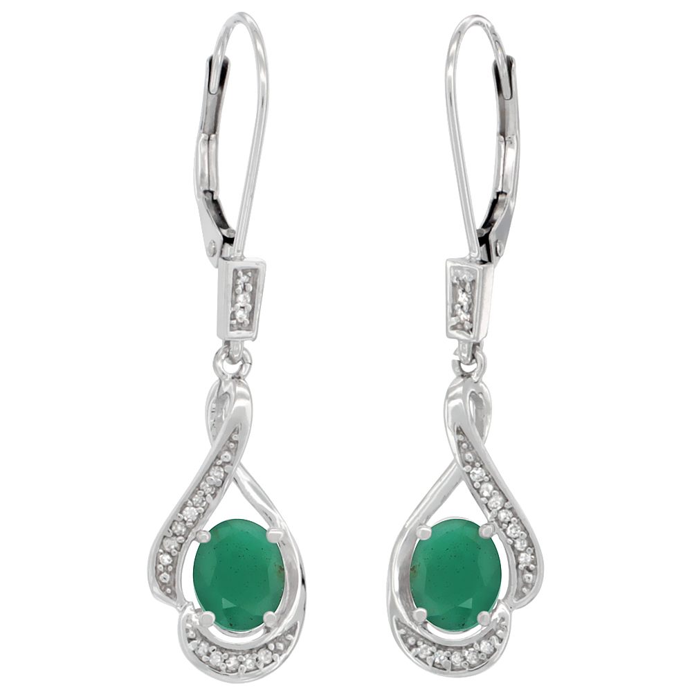 14K WHITE GOLD DIAMOND NATURAL EMERALD LEVERBACK EARRINGS OVAL 7X5 MM, 1 7/16 INCH LONG