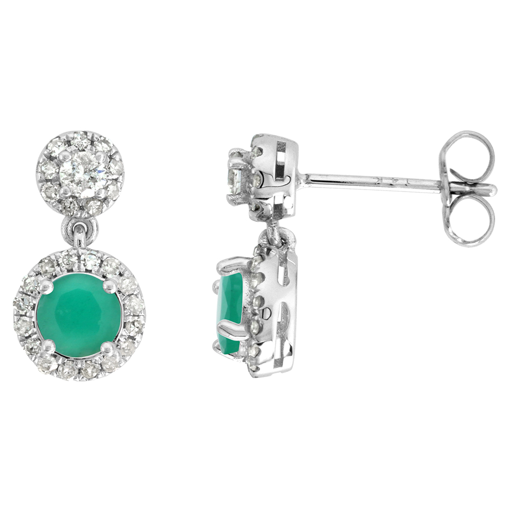 14k White Gold Diamond Halo Genuine Emerald Drop Earrings Round Brilliant cut 5mm 1/2 inch long