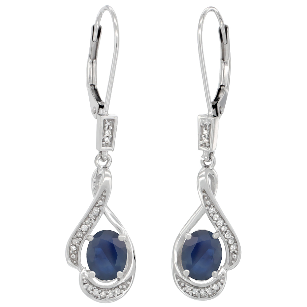 14K White Gold Diamond Natural Blue Sapphire Leverback Earrings Oval 7x5 mm, 1 7/16 inch long