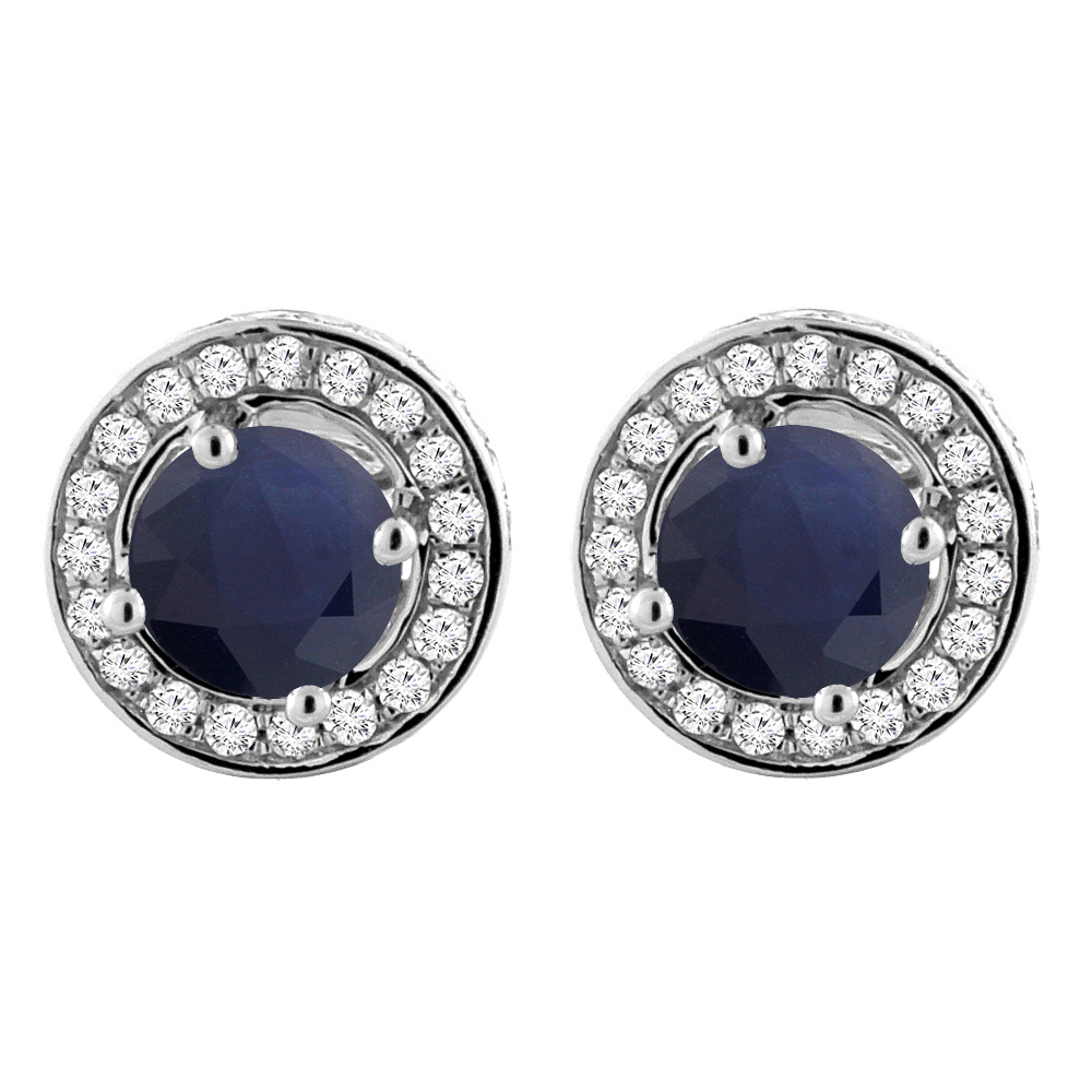 14K WHITE GOLD NATURAL BLUE SAPPHIRE EARRINGS WITH DIAMOND HALO ROUND 5 MM