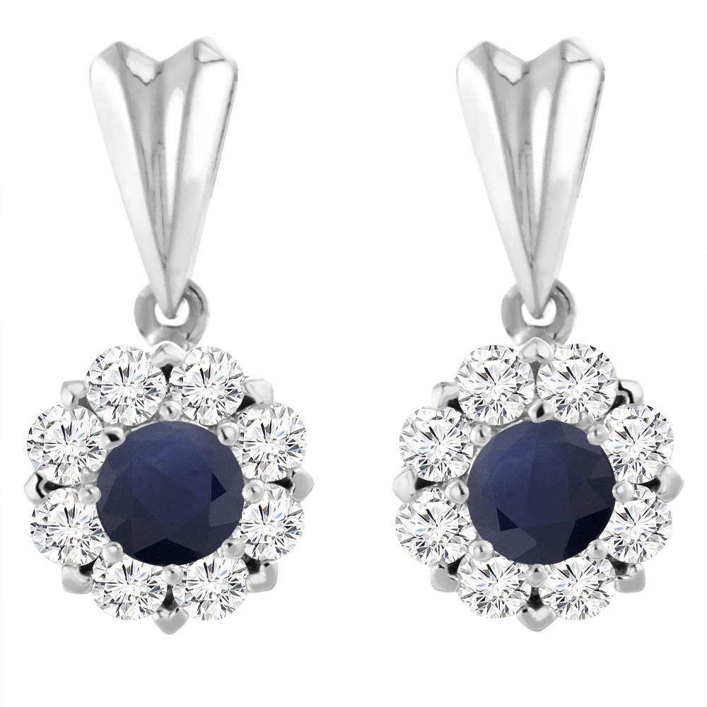 14K WHITE GOLD NATURAL BLUE SAPPHIRE EARRINGS WITH DIAMOND HALO ROUND 4 MM