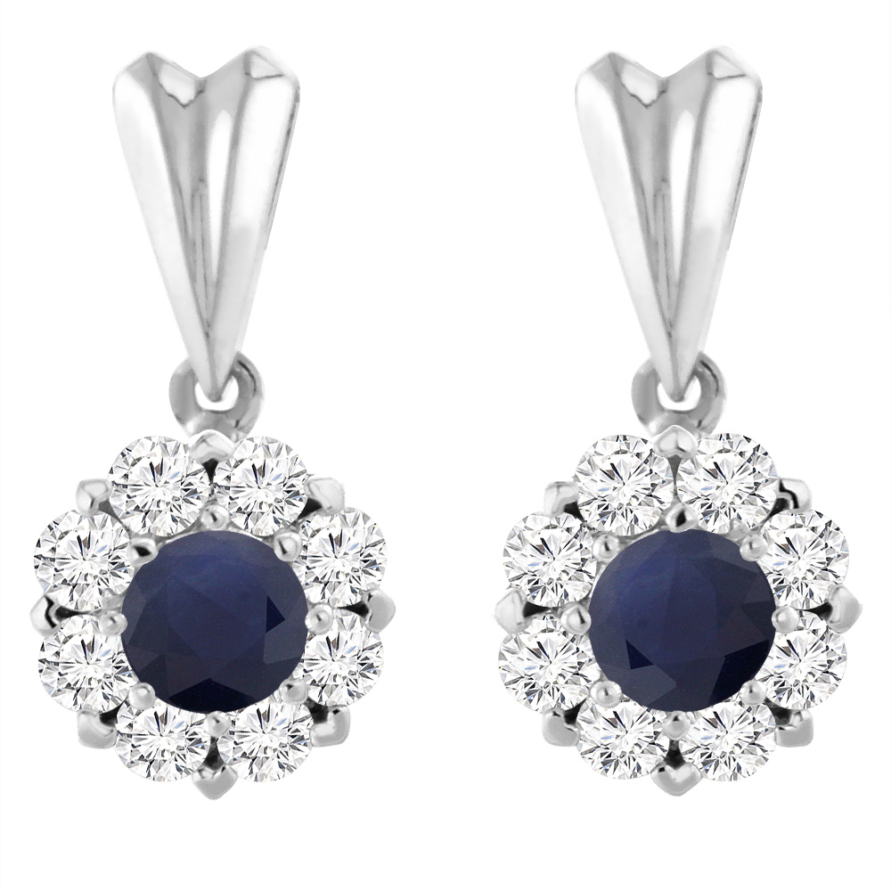 14K White Gold Natural Blue Sapphire Earrings with Diamond Halo Round 4 mm