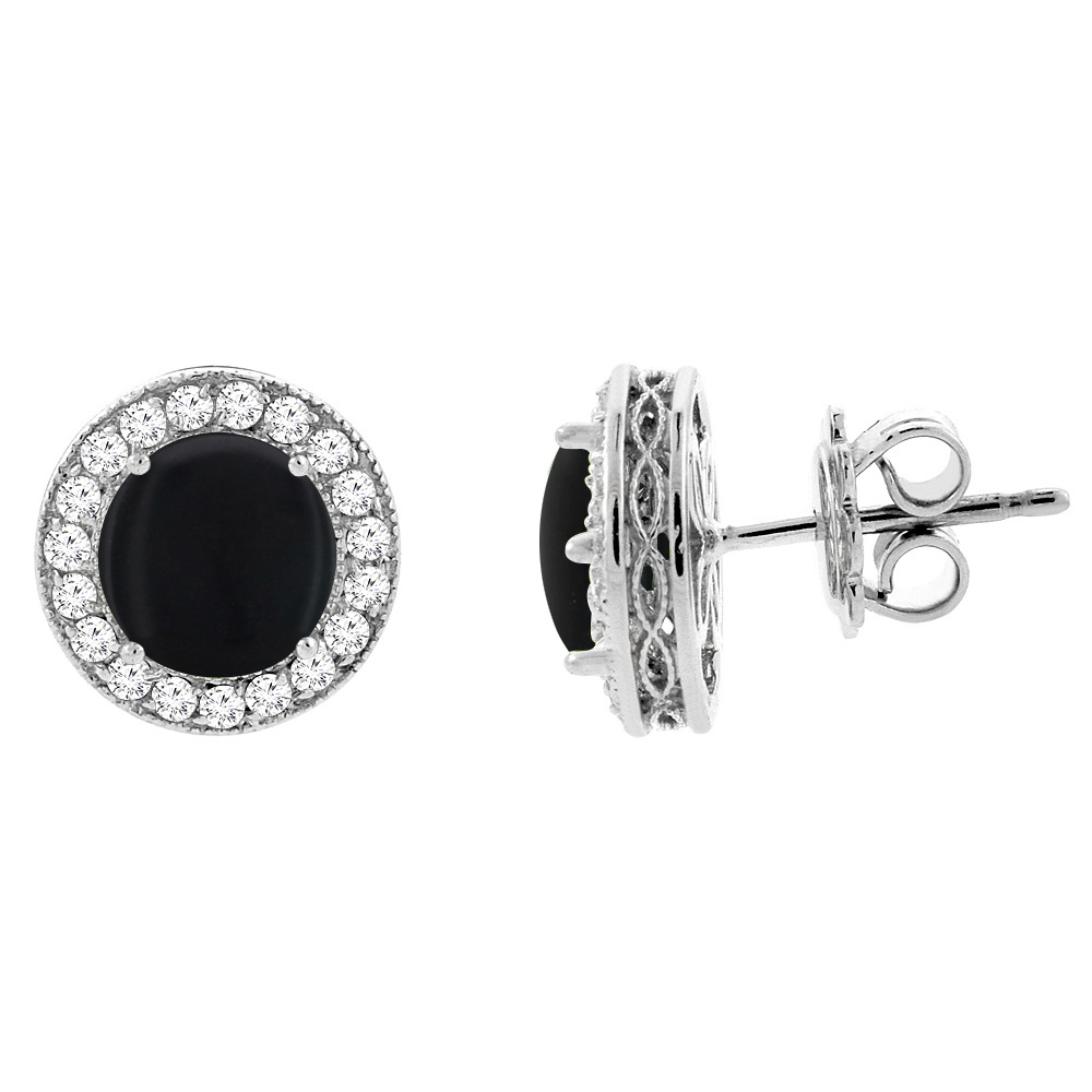 14K WHITE GOLD DIAMOND HALO GENUINE BLACK ONYX EARRINGS 0.6 CTTW 6MM ROUND, 1/2 INCH