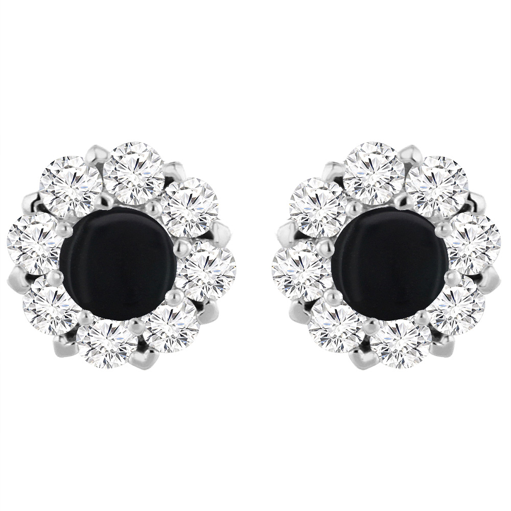 14K WHITE GOLD NATURAL BLACK ONYX EARRINGS WITH DIAMOND HALO ROUND 6 MM