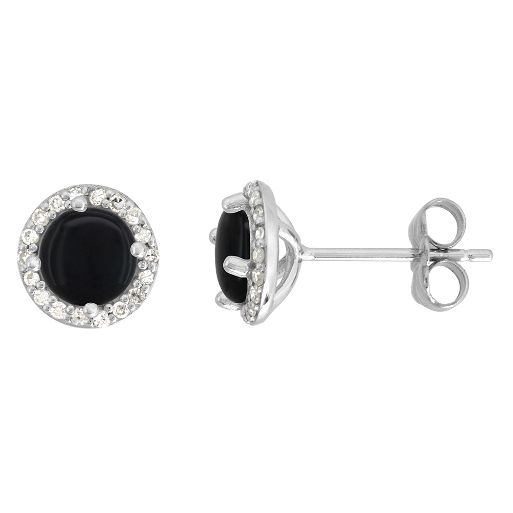 14k White Gold Diamond Halo Genuine Black Onyx Stud Earrings Round 6mm