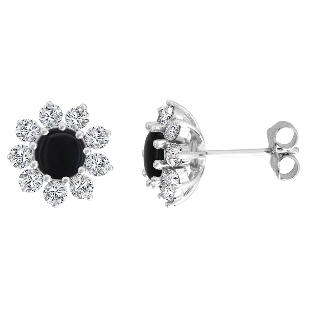 14K WHITE GOLD DIAMOND HALO GENUINE BLACK ONYX HALO STUD EARRINGS ROUND 6MM 7/16 INCH WIDE