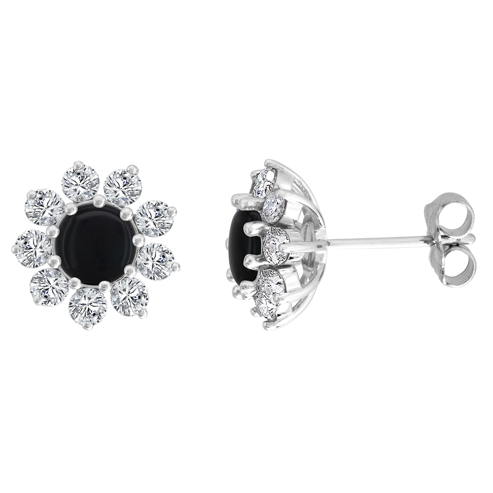 14k White Gold Diamond Halo Genuine Black Onyx Halo Stud Earrings Round 6mm 7/16 inch wide