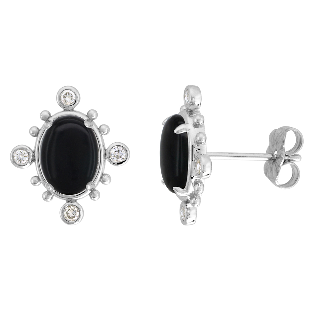 14K WHITE GOLD DIAMOND GENUINE BLACK ONYX STUD EARRINGS BEAD ACCENT 0.17 CTTW OVAL 9X7MM