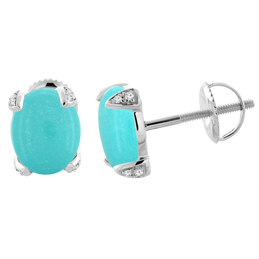 14K WHITE GOLD NATURAL TURQUOISE SCREW BACK EARRINGS OVAL 9X7 MM WITH DIAMOND ACCENTS