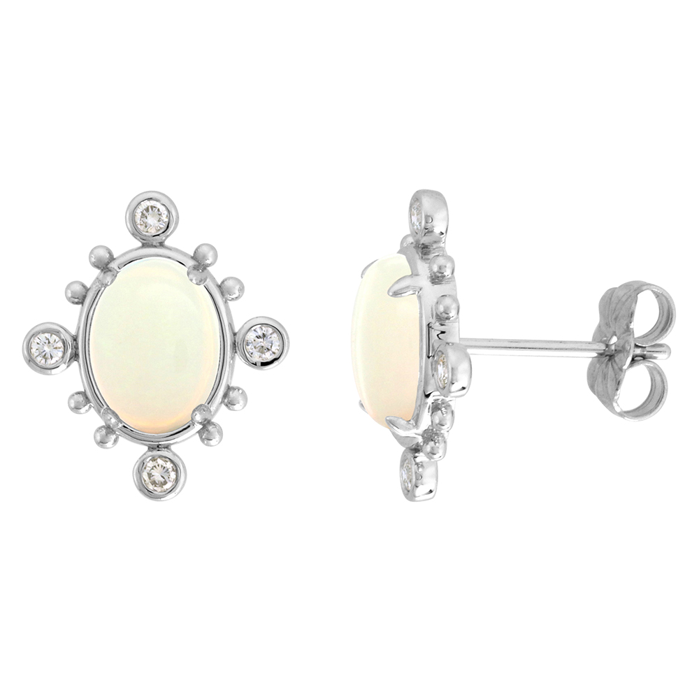 14K WHITE GOLD DIAMOND GENUINE OPAL STUD EARRINGS BEAD ACCENT 0.17 CTTW OVAL 9X7MM